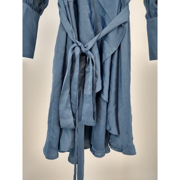 Eloquii Dress Plus 24 Mini Satin Wrap Puff Sleeve Ruffle Tie Waist Blue NWT - Picture 8 of 10